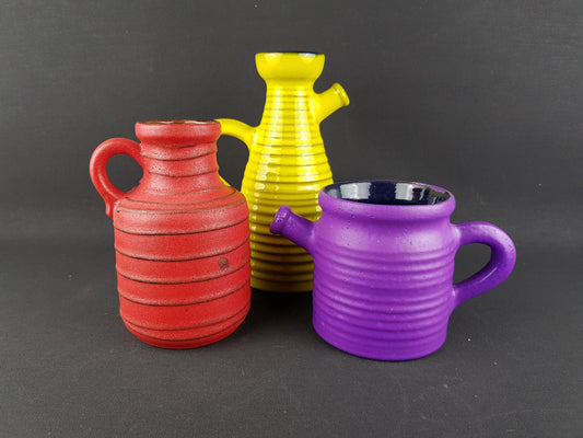 Vintage Set of 3 Colorful West German Pottery | Ribbed Watering Cans & Planter 1970's