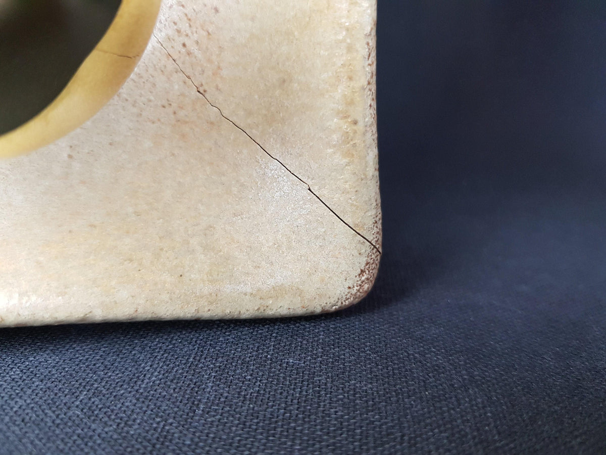 A close-up view of a textured, beige-colored object with a crack running through it, set against a dark background.