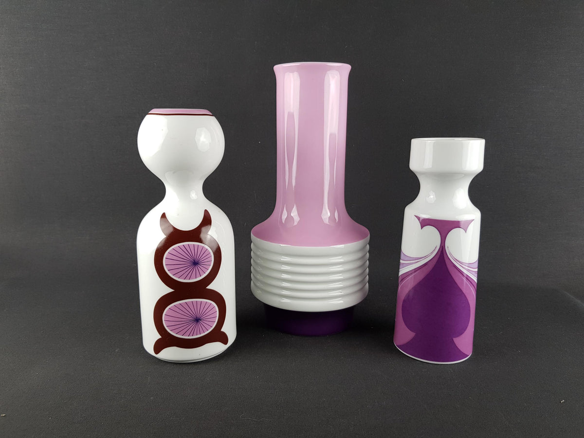 Vintage Set of 3 Purple and Pink Porcelain Vases Schumann Arzberg Jaeger Bavaria West Germany 1970s