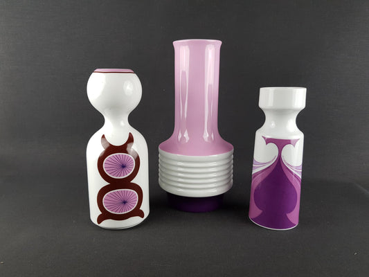 Vintage Set of 3 Purple and Pink Porcelain Vases Schumann Arzberg Jaeger Bavaria West Germany 1970s