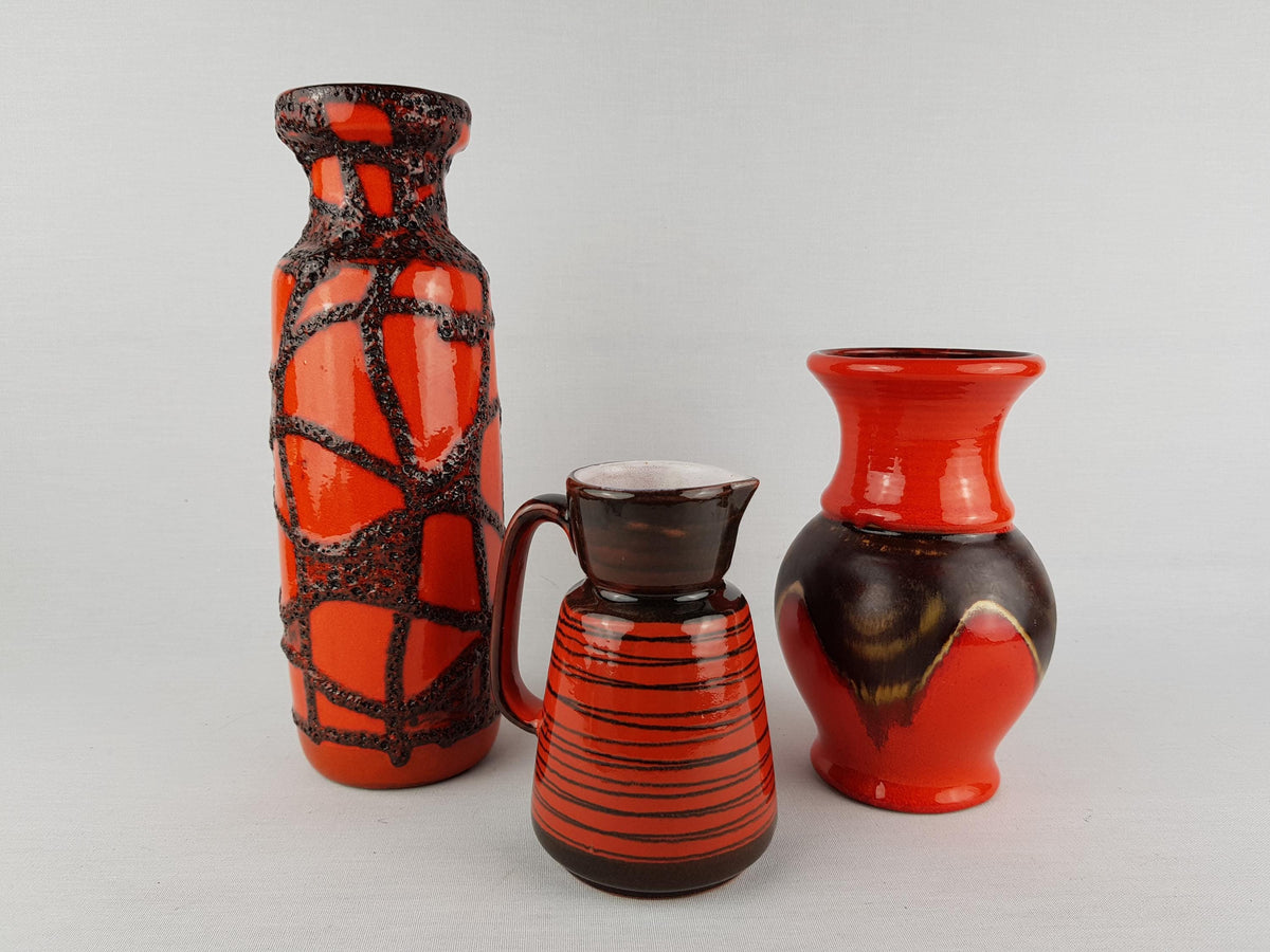 Vintage Set of 3 West German Pottery Vases Scheurich Jasba Waechtersbach Orange Ceramics 1970s