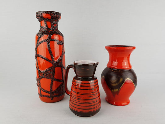 Vintage Set of 3 West German Pottery Vases Scheurich Jasba Waechtersbach Orange Ceramics 1970s