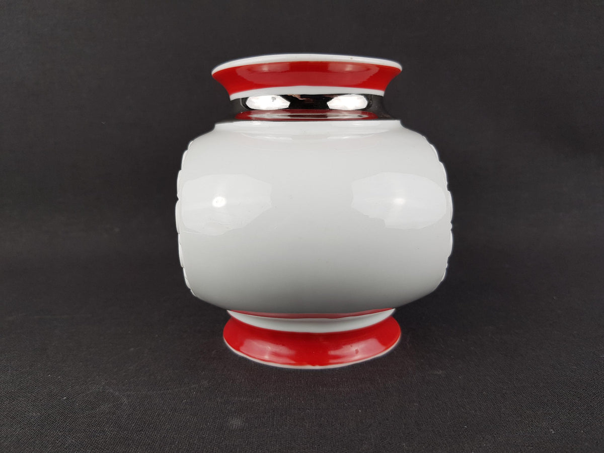 Vintage KERAFINA Porzellanfabrik White Biscuit Porcelain Vase with Red Accents and Relief Decor 721/2 – Royal KPM Bavaria West Germany 1970s