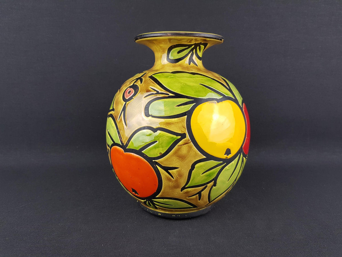 Vintage ALVINO BAGNI Yellow Vase with Fruit Decor Italian Pottery 1970's