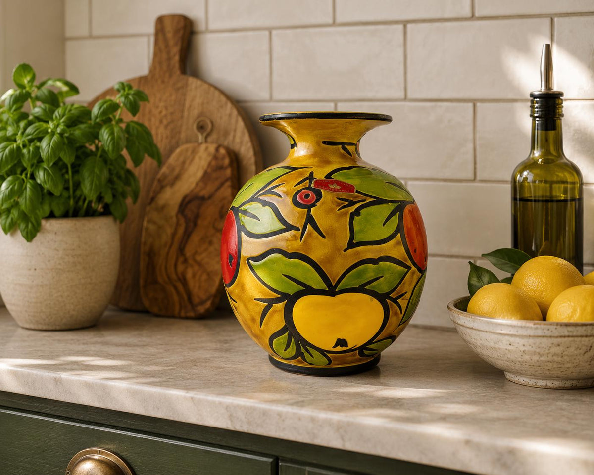 Vintage ALVINO BAGNI Yellow Vase with Fruit Decor Italian Pottery 1970's