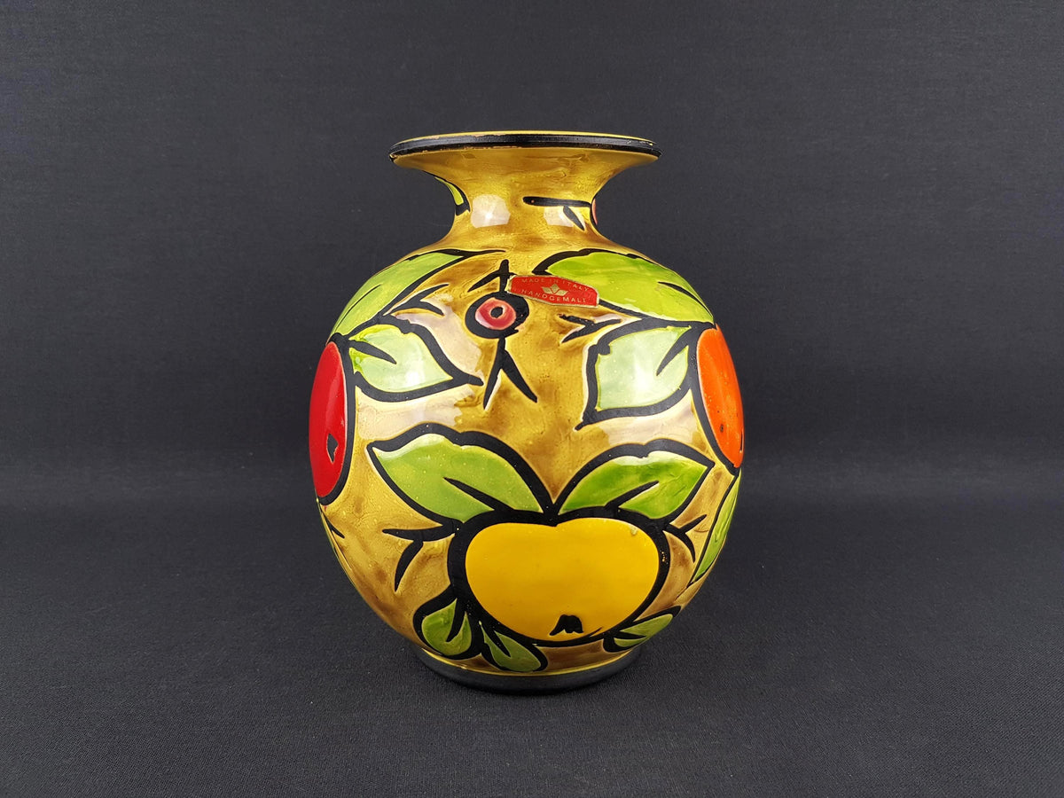 Vintage ALVINO BAGNI Yellow Vase with Fruit Decor Italian Pottery 1970's
