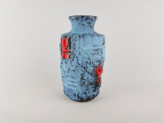 Vintage UBELACKER (Ü-Keramik) Blue and Red Relief Vase 1316 18 West German Pottery 1970s