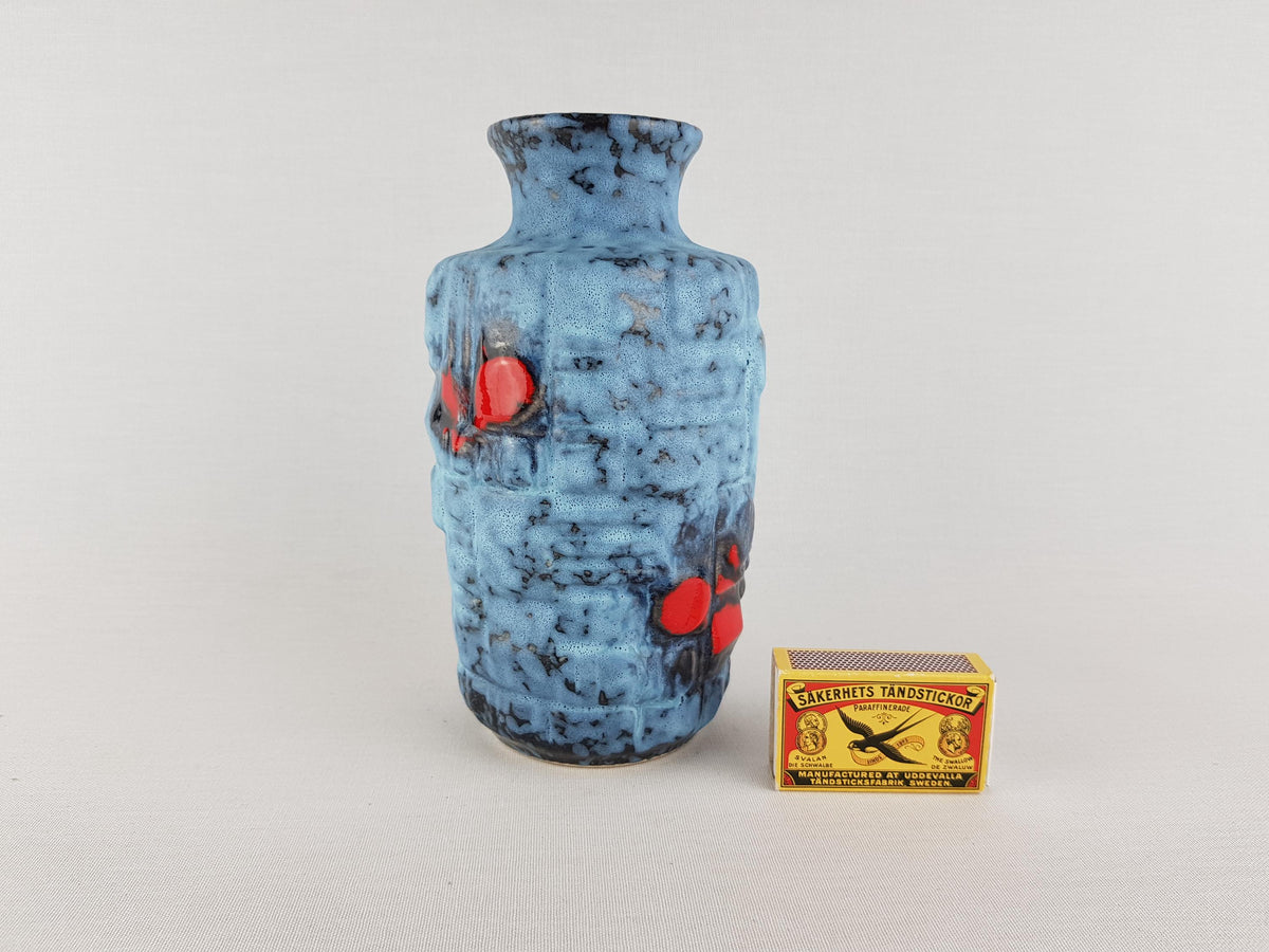 Vintage UBELACKER (Ü-Keramik) Blue and Red Relief Vase 1316 18 West German Pottery 1970s