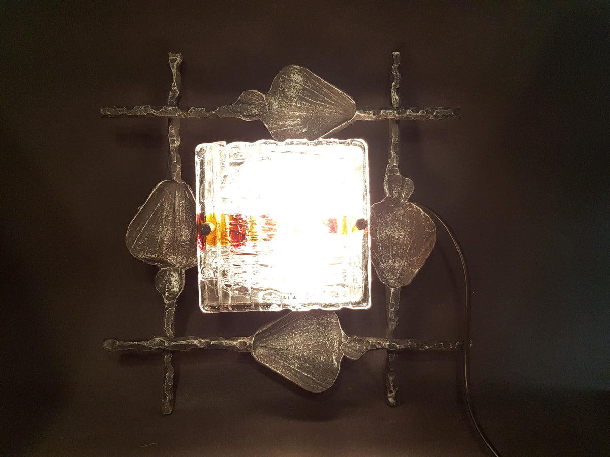 Vintage Tom Ahlström & Hans Ehrlich Brutalist Wall Lamp Wrought Iron and Artistic Glass Sweden 1960s