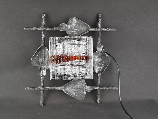 Vintage Tom Ahlström & Hans Ehrlich Brutalist Wall Lamp Wrought Iron and Artistic Glass Sweden 1960s