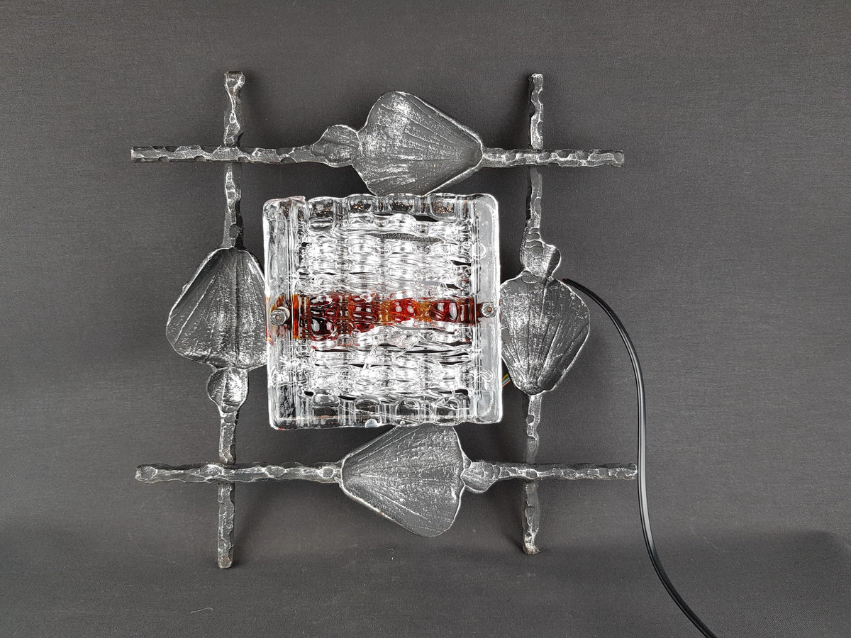 Vintage Tom Ahlström & Hans Ehrlich Brutalist Wall Lamp Wrought Iron and Artistic Glass Sweden 1960s