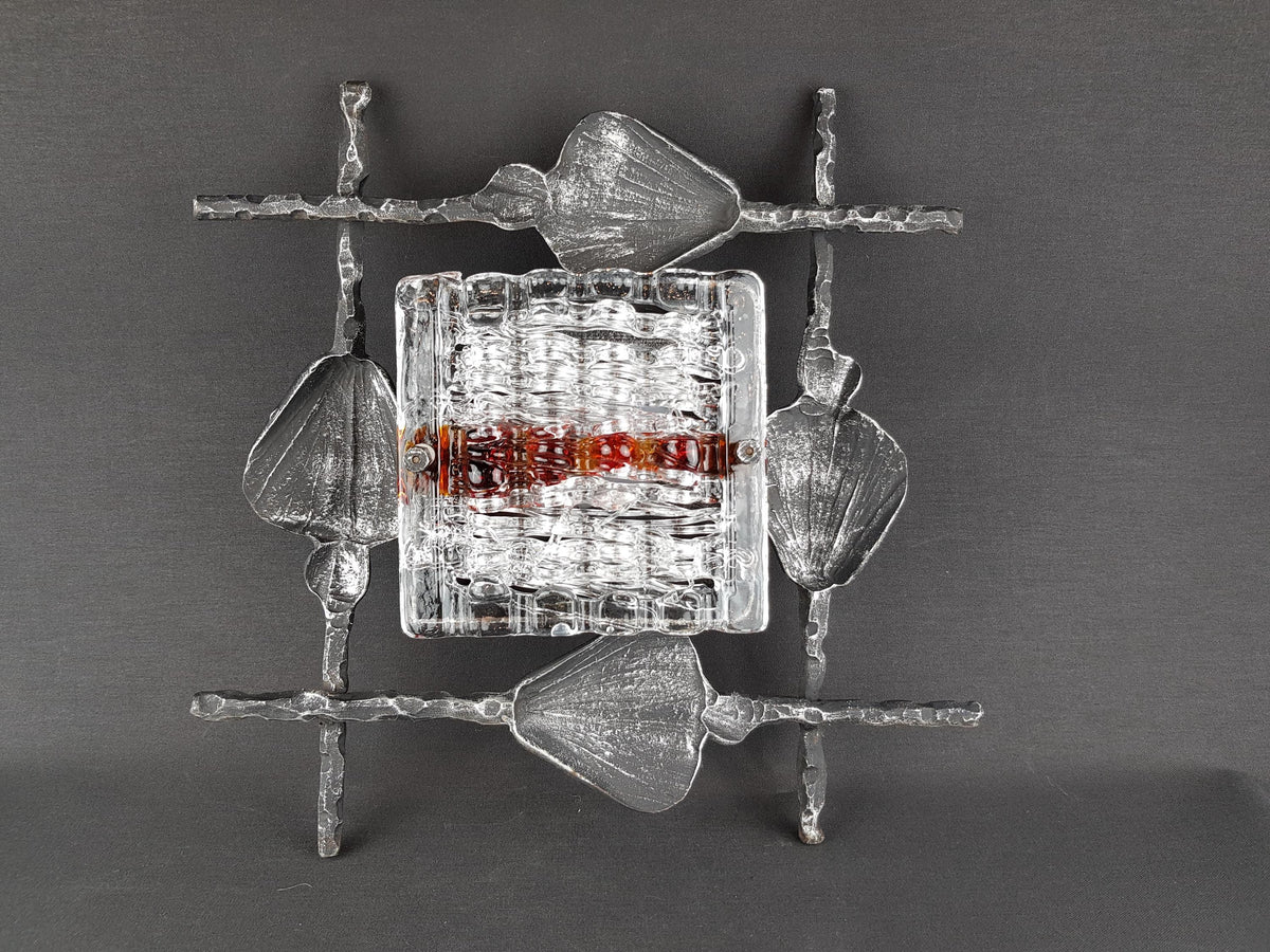 Vintage Tom Ahlström & Hans Ehrlich Brutalist Wall Lamp Wrought Iron and Artistic Glass Sweden 1960s