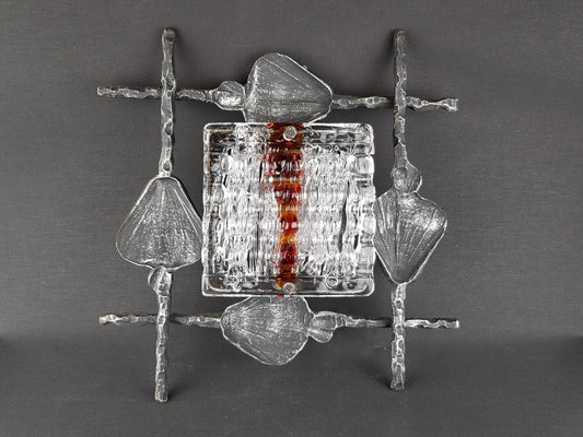 Vintage Tom Ahlström & Hans Ehrlich Brutalist Wall Lamp Wrought Iron and Artistic Glass Sweden 1960s