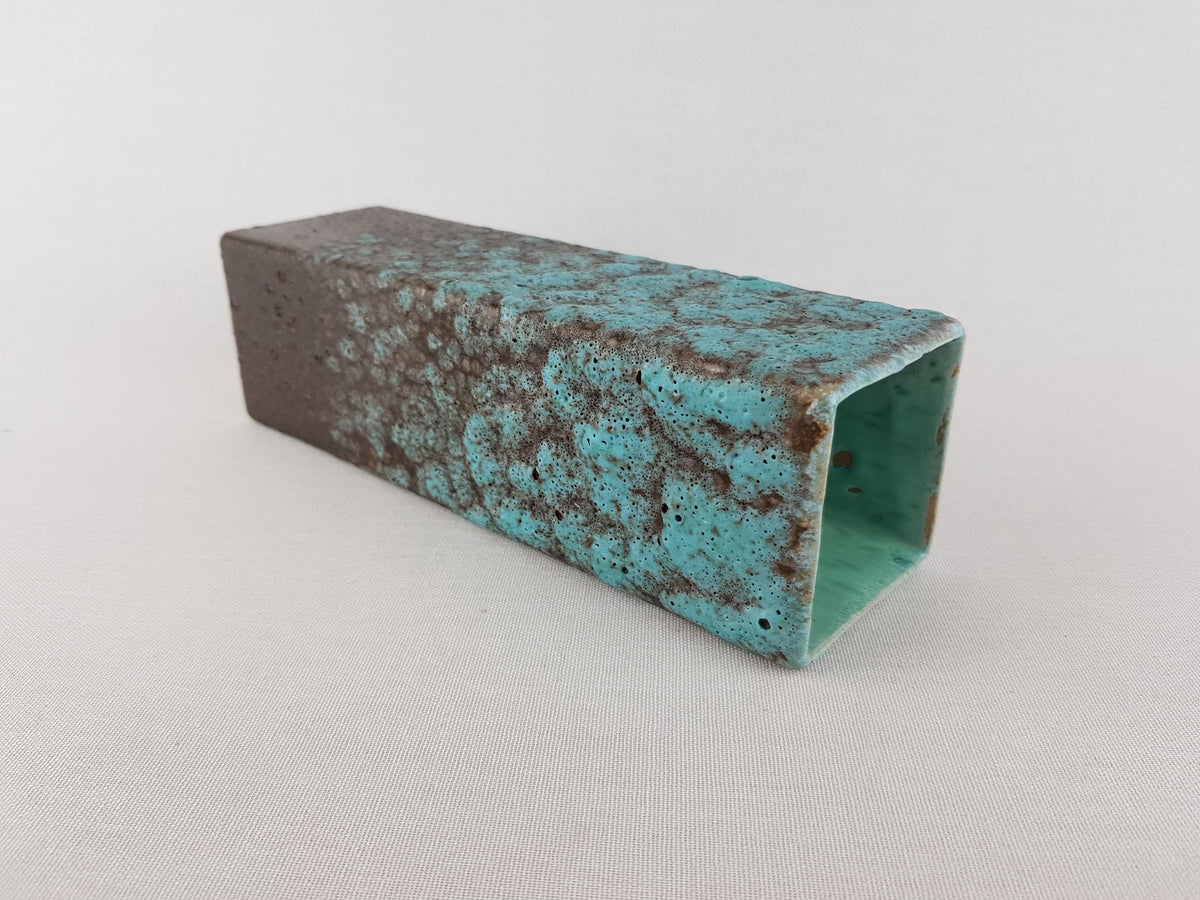 Vintage RUSCHA KERAMIK Rectangular Vase Turquoise Brown Fat Lava West German Pottery 1960s