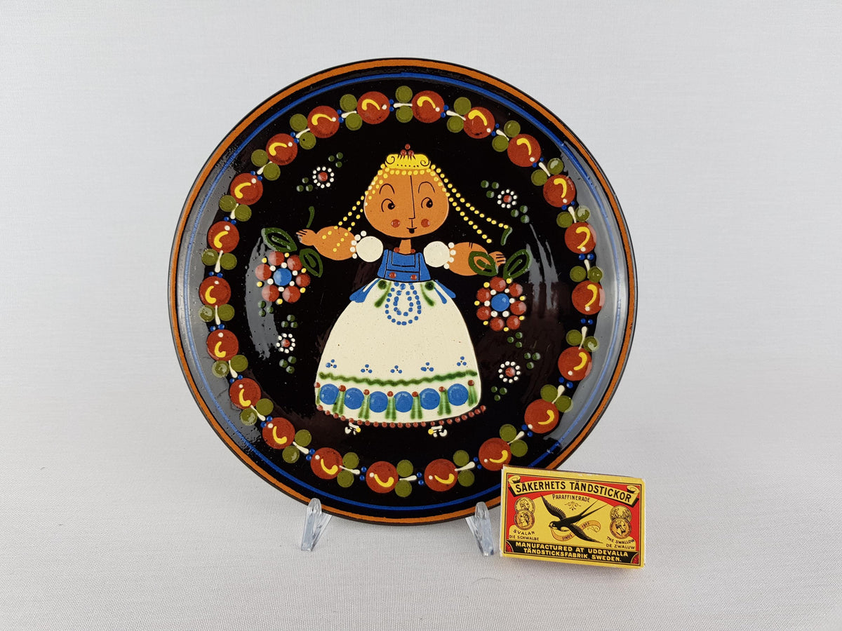 Vintage WILLY AEBI Hasle Wall Plate Flower Girl Swiss Studio Pottery Hand Painted Engobe 1960s Switzerland