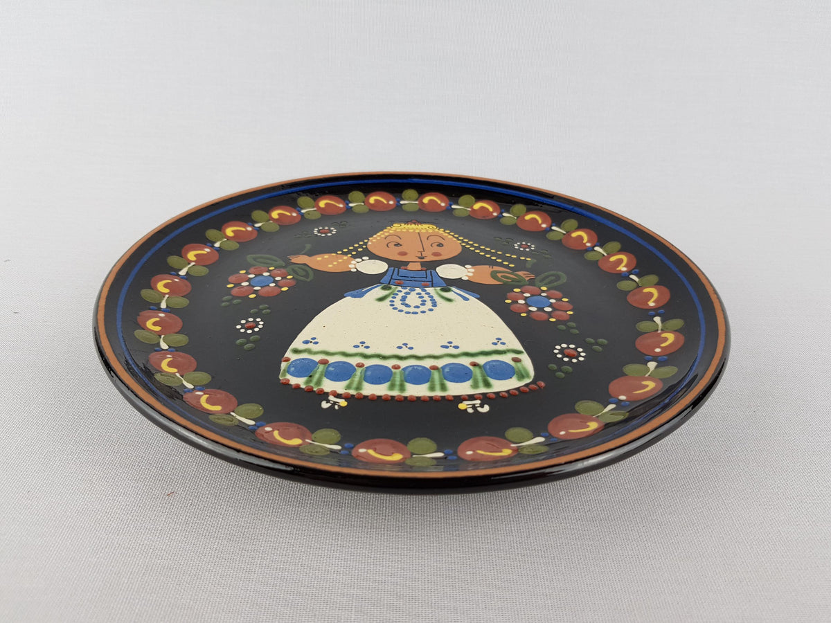 Vintage WILLY AEBI Hasle Wall Plate Flower Girl Swiss Studio Pottery Hand Painted Engobe 1960s Switzerland
