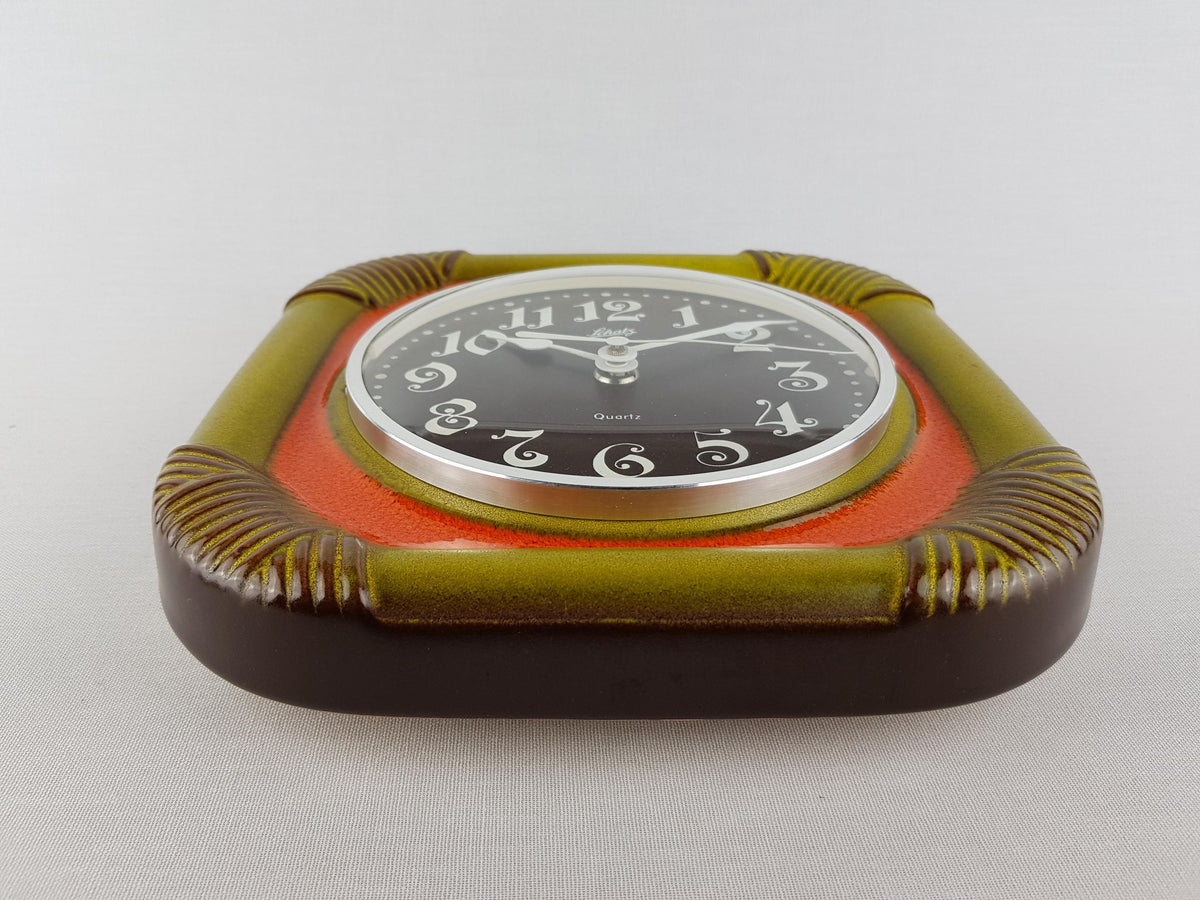 Vintage HERBOLZHEIMER KERAMIK Orange and Green Ceramic Kitchen Clock West German Pottery 1970s