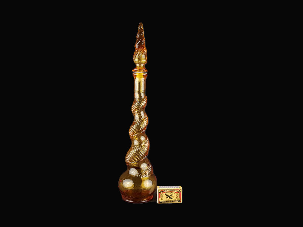 Vintage EMPOLI Amber Genie Bottle with Snake Coil Decor Italian Glass Decanter with Stopper 1960/ 70s