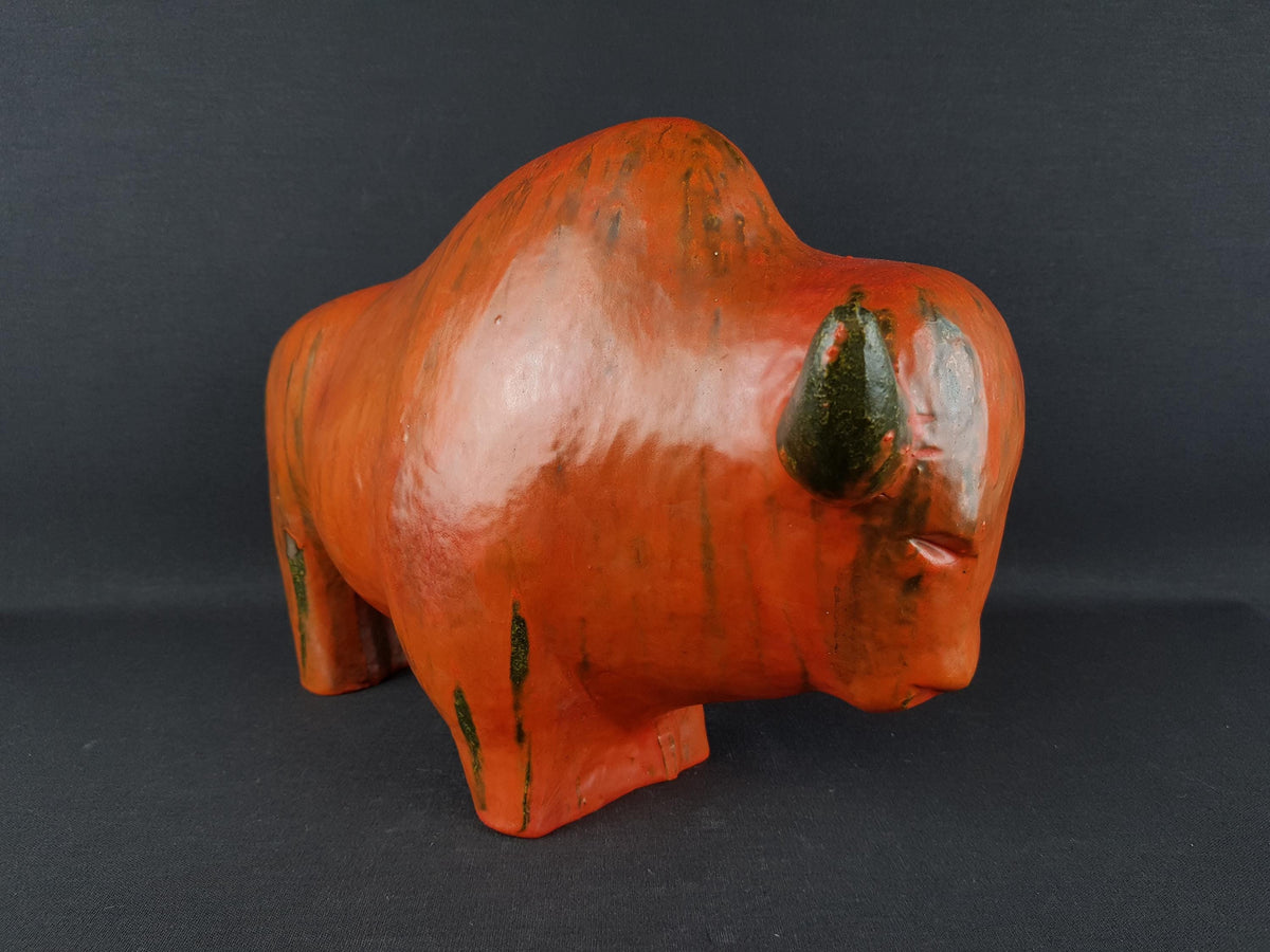 XL Vintage RUSCHA KERAMIK Bull with Vulkano decor West German Pottery 1960s by Kurt Tschörner