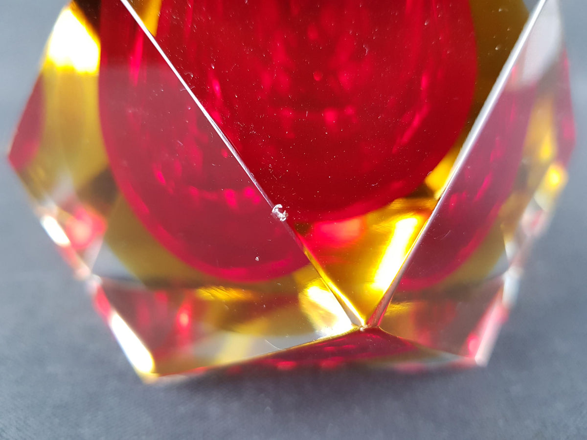 Vintage MURANO SOMMERSO Glass Bowl Red Yellow Faceted Italian Art Glass 1960s Geometric Bowl