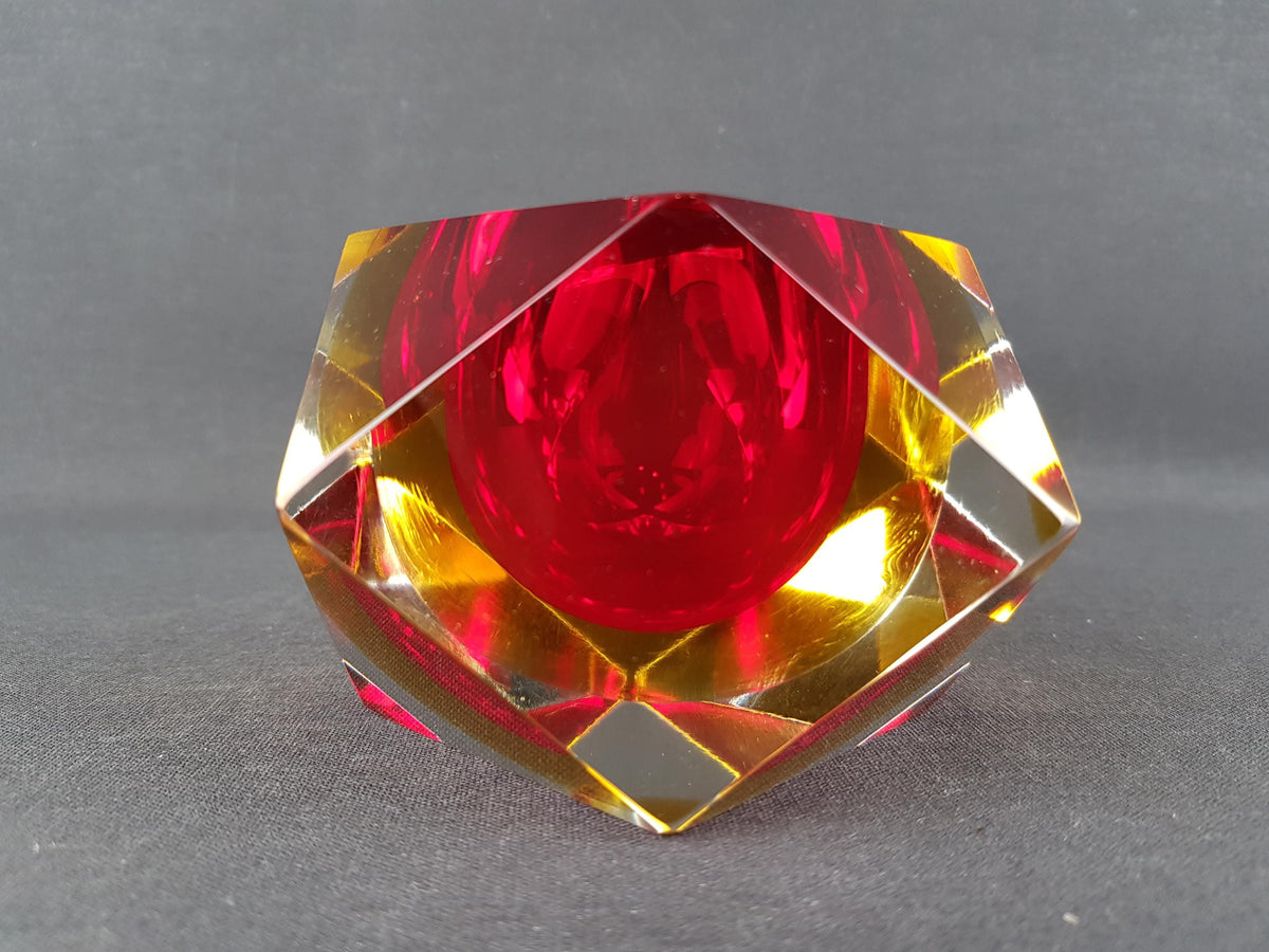 Vintage MURANO SOMMERSO Glass Bowl Red Yellow Faceted Italian Art Glass 1960s Geometric Bowl