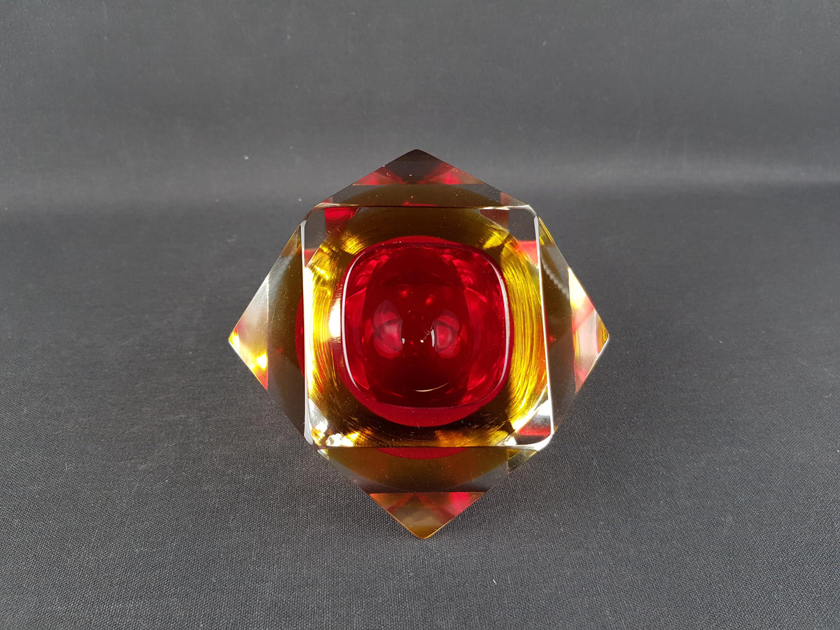 Vintage MURANO SOMMERSO Glass Bowl Red Yellow Faceted Italian Art Glass 1960s Geometric Bowl