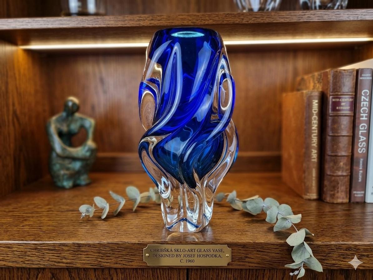 Vintage Rare JOSEF HOSPODKA Blue Vase Novy Bor Borocrystal Bohemian Czech Glass 1960s Czechoslovakia