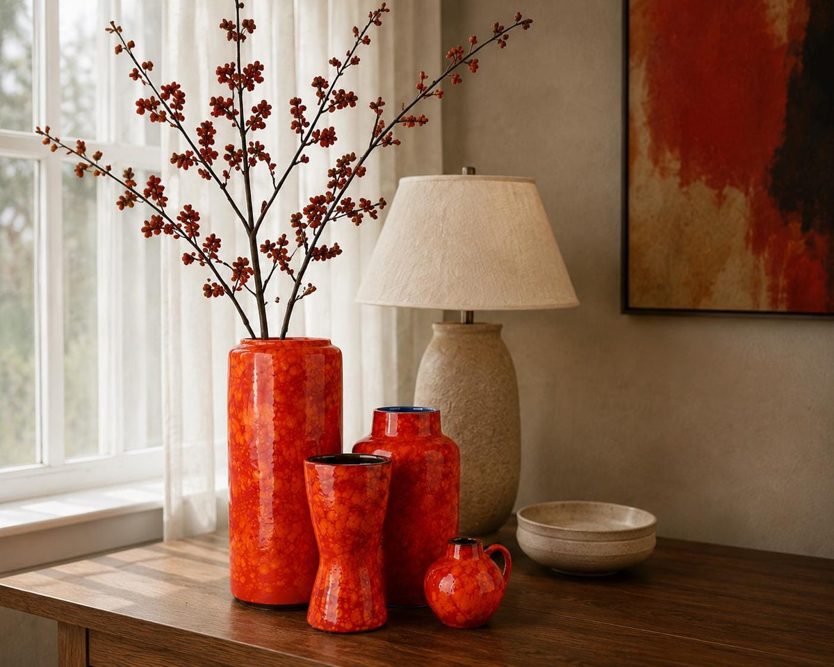 Set of 4 Vintage SCHEURICH KERAMIK Orange and Red Marbled Vases West German Pottery 1970s