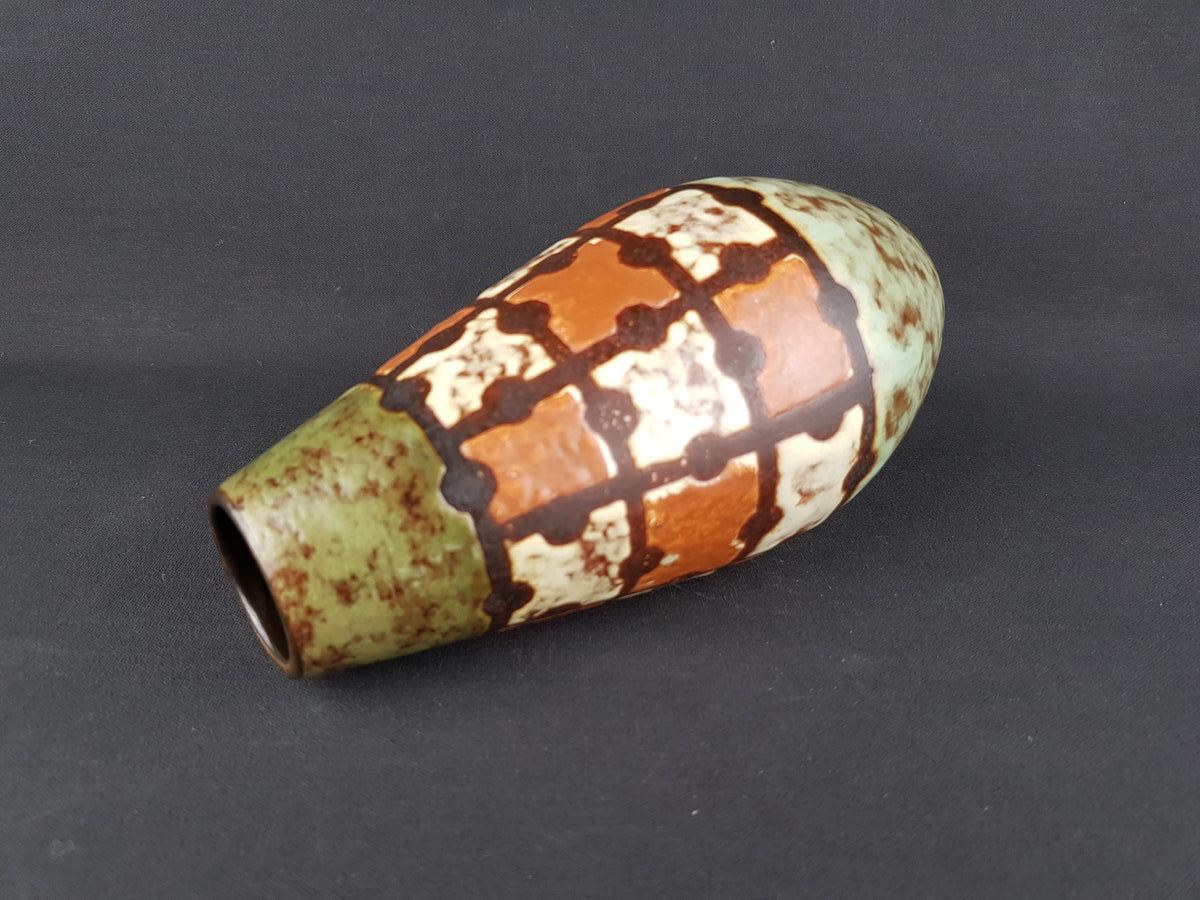 Vintage VEB HALDENSLEBEN Green, Brown and Beige Vase with Puzzle Decor 3120B East German Pottery 1960s