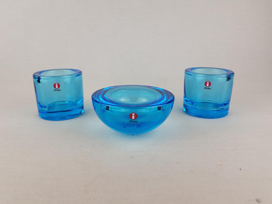 Vintage IITTALA Set of 3 Blue Candleholders Design by Annaleena Hakatie and Heiki Orvola 1995 Finland