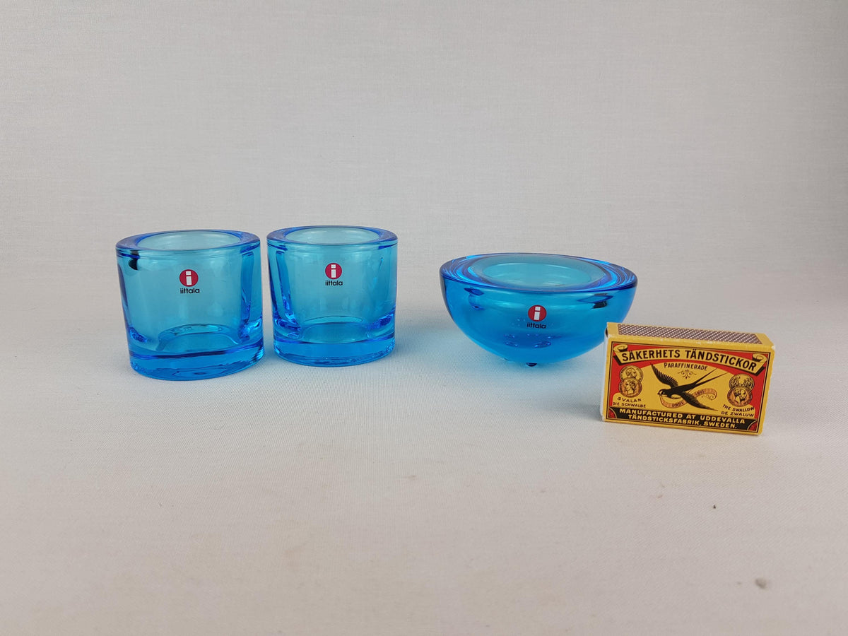 Vintage IITTALA Set of 3 Blue Candleholders Design by Annaleena Hakatie and Heiki Orvola 1995 Finland