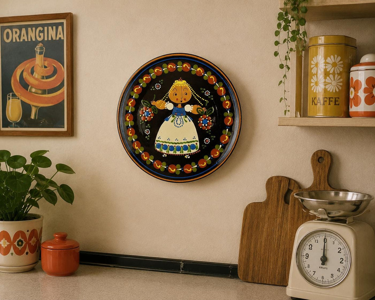 Vintage WILLY AEBI Hasle Wall Plate Flower Girl Swiss Studio Pottery Hand Painted Engobe 1960s Switzerland