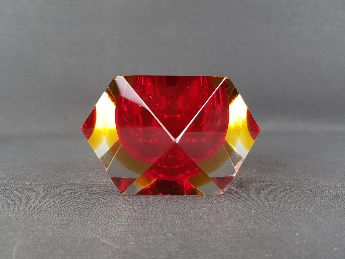 Vintage MURANO SOMMERSO Glass Bowl Red Yellow Faceted Italian Art Glass 1960s Geometric Bowl