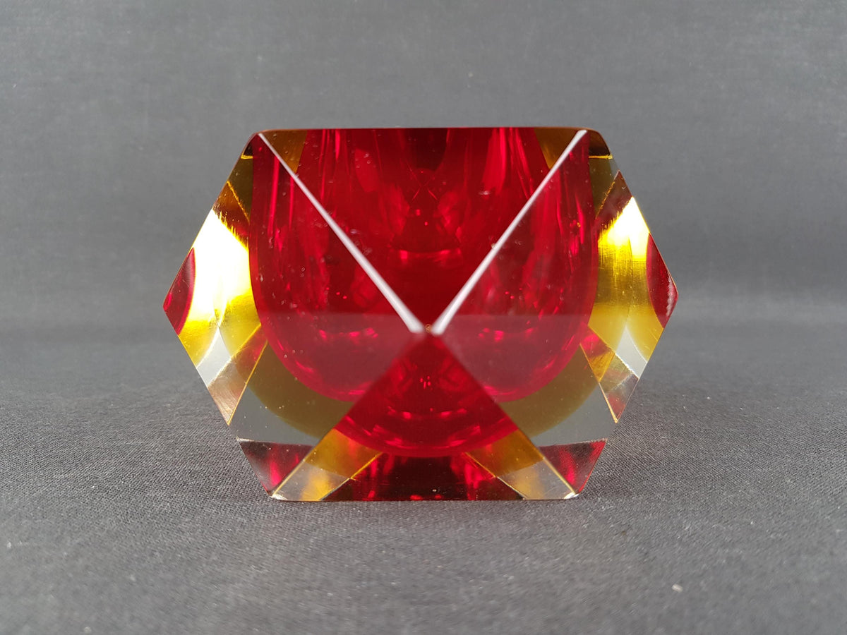 Vintage MURANO SOMMERSO Glass Bowl Red Yellow Faceted Italian Art Glass 1960s Geometric Bowl