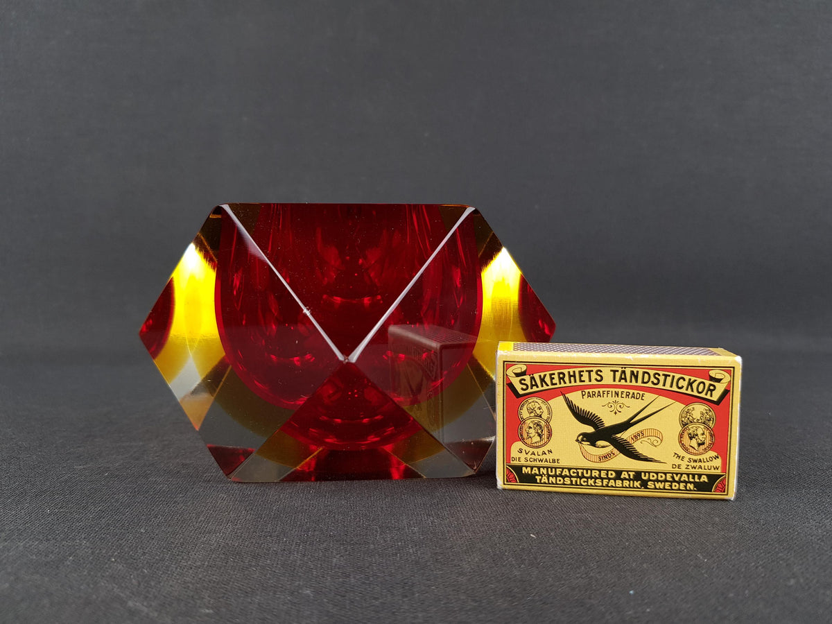 Vintage MURANO SOMMERSO Glass Bowl Red Yellow Faceted Italian Art Glass 1960s Geometric Bowl