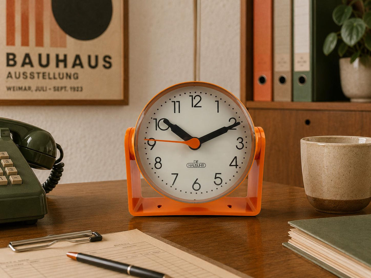 Vintage DIE HAUSUHR Orange Table Clock Adjustable Stand Desk Clock Space Age German Design 1970s