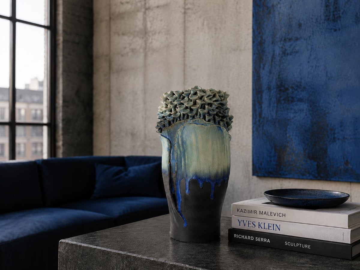 Vintage Stylish Studio Art Pottery Blue 'Mushroom" Vase from TÖPFEREI Maria & Werner SCHOTT Petershagen West Germany 1960s