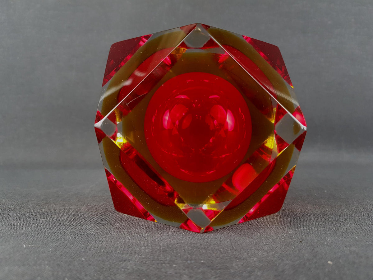 Vintage MURANO SOMMERSO Glass Bowl Red Yellow Faceted Italian Art Glass 1960s Geometric Bowl