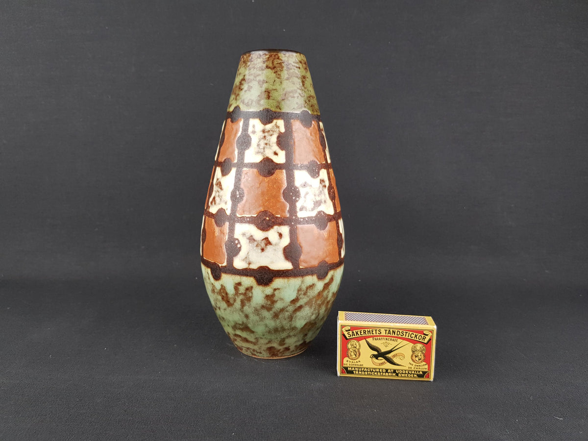 Vintage VEB HALDENSLEBEN Green, Brown and Beige Vase with Puzzle Decor 3120B East German Pottery 1960s