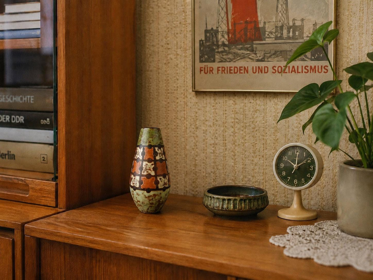 Vintage VEB HALDENSLEBEN Green, Brown and Beige Vase with Puzzle Decor 3120B East German Pottery 1960s