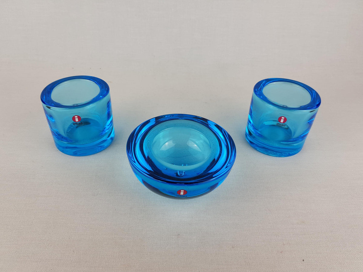 Vintage IITTALA Set of 3 Blue Candleholders Design by Annaleena Hakatie and Heiki Orvola 1995 Finland