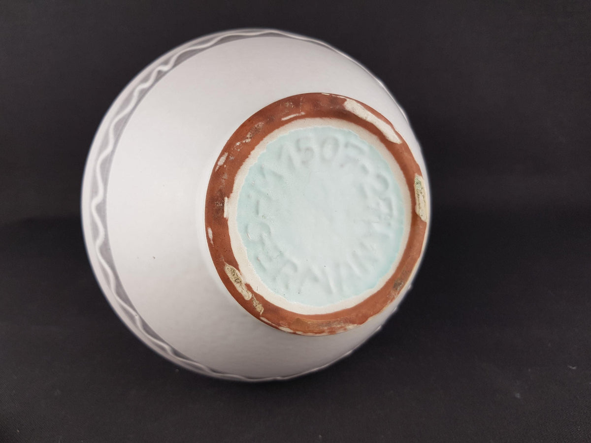 Vintage CARSTENS KERAMIK White and Grey Vase with Geometric Decor by Heinz Siery 1507-27 West German Pottery 1960s