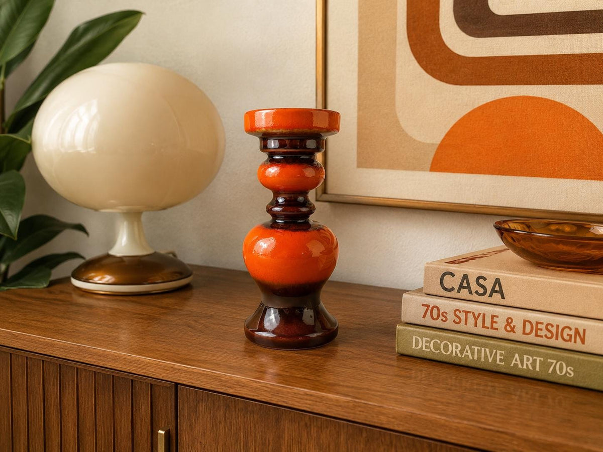 Vintage JASBA KERAMIK Orange And Brown Hooped Candle Holder West German Pottery 1960s 1970s