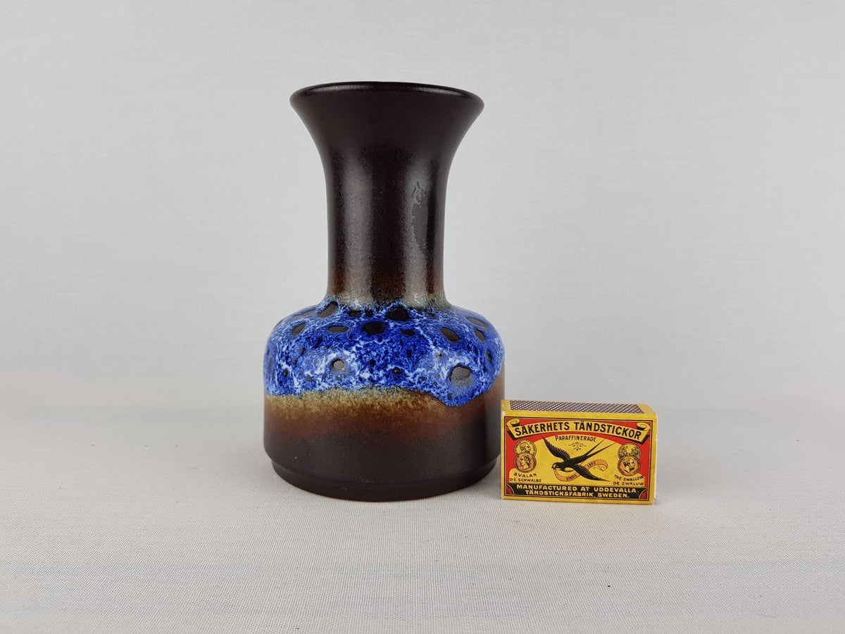 Vintage JASBA Blue and Brown Fat Lava Trumpet Vase N602 10 16 West German Pottery 1970s
