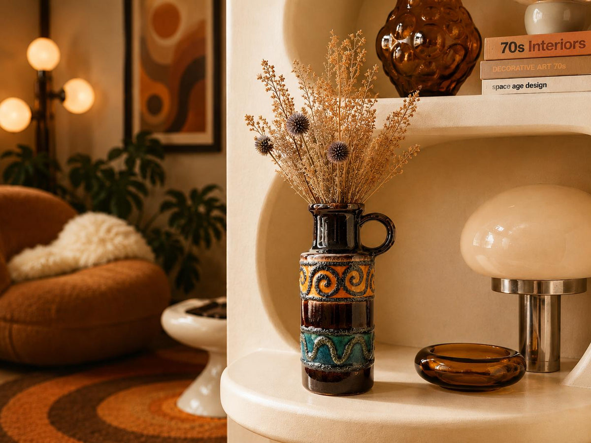 Vintage SCHEURICH Keramik Brown, Orange and Teal Fat Lava vase 401-20 West German Pottery 1970s