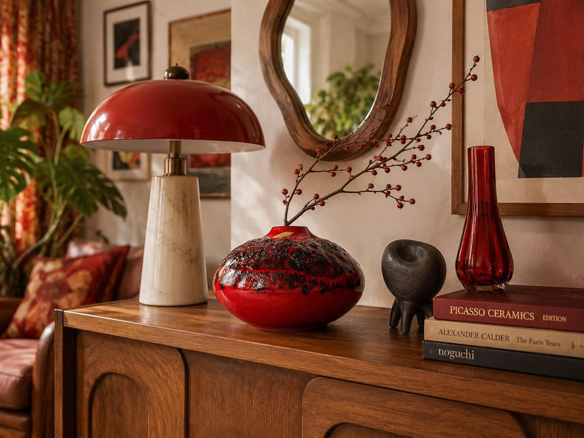 Vintage KREUTZ KERAMIK Red Fat Lava Discus Vase 426 West German Pottery 1970s