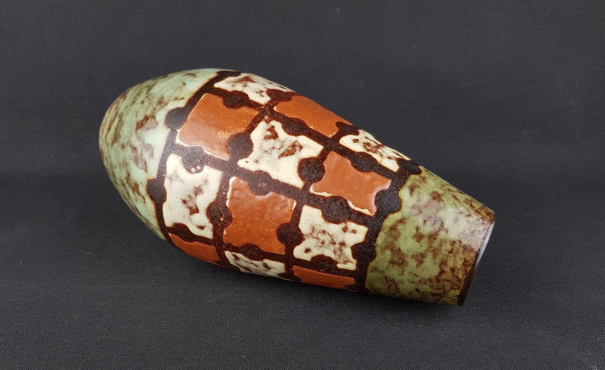 Vintage VEB HALDENSLEBEN Green, Brown and Beige Vase with Puzzle Decor 3120B East German Pottery 1960s
