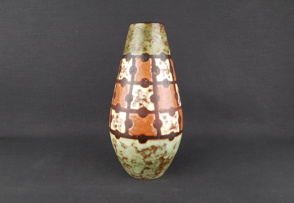 Vintage VEB HALDENSLEBEN Green, Brown and Beige Vase with Puzzle Decor 3120B East German Pottery 1960s