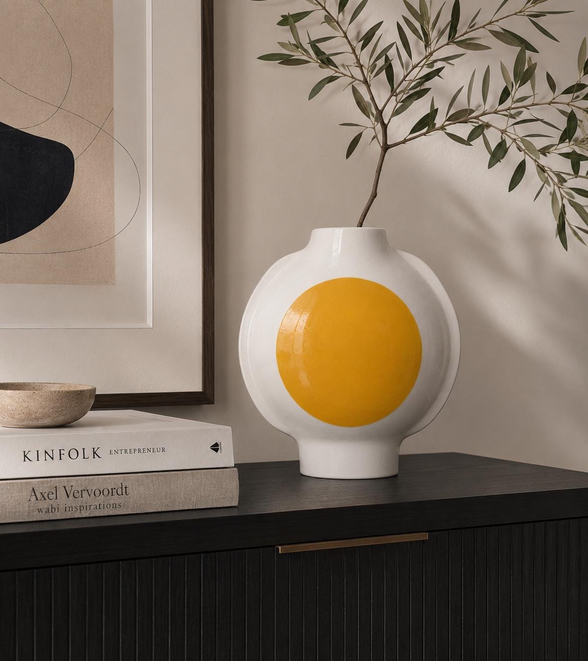 Vintage RÖRSTRAND SWEDEN White and Yellow "Sunburst" Vase by Inger Persson Lunik Series 1960s