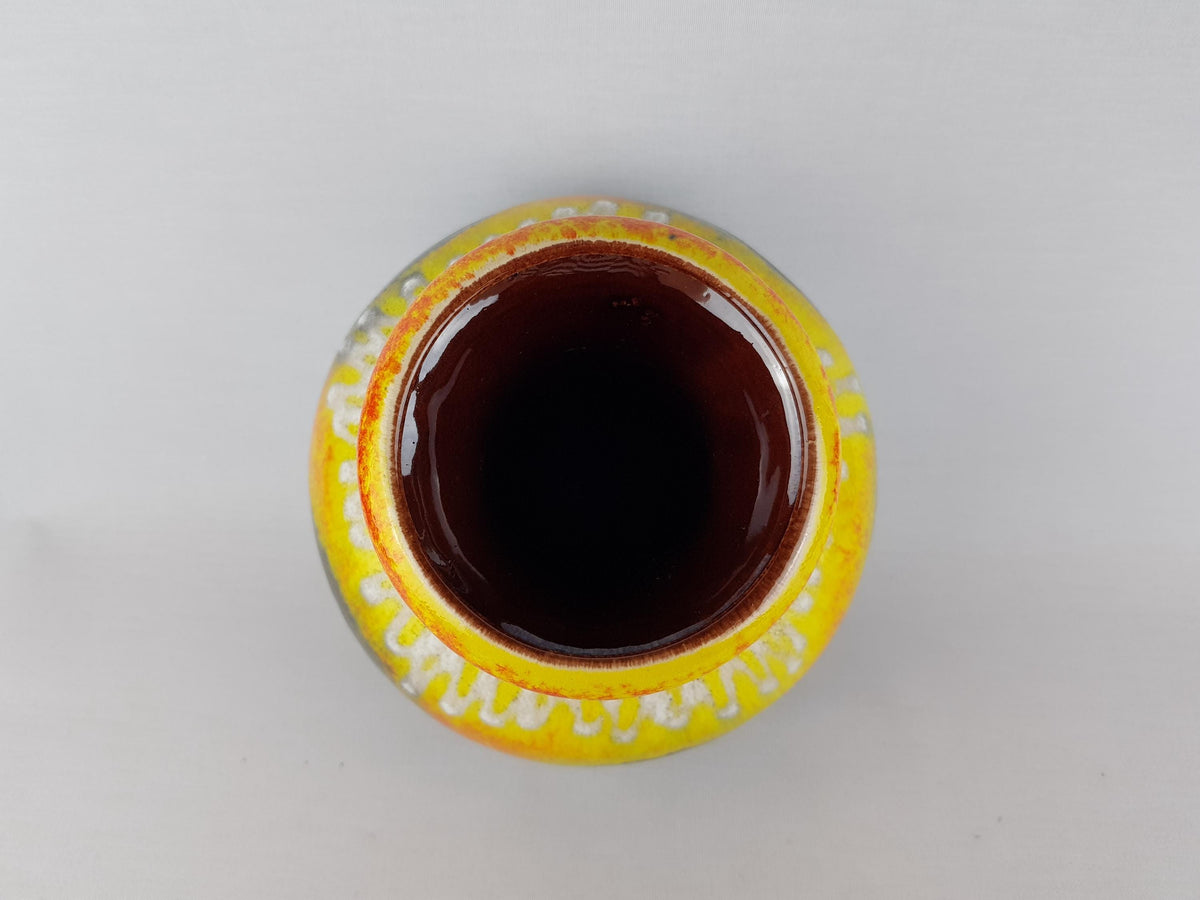 Vintage BAY KERAMIK Brown, Yellow and Orange Vase With White Fat Lava Decor 66 25 West German Pottery 1960 70s